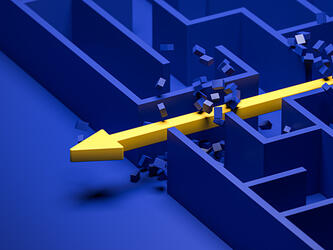 yellow arrow emerging from blue maze